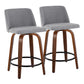 Timara - Set of 2 - 24'' Mid-Century Modern Counter Stools with Swivel, Walnut Wood Frame, Grey Fabric Upholstery, and Black Metal Footrest