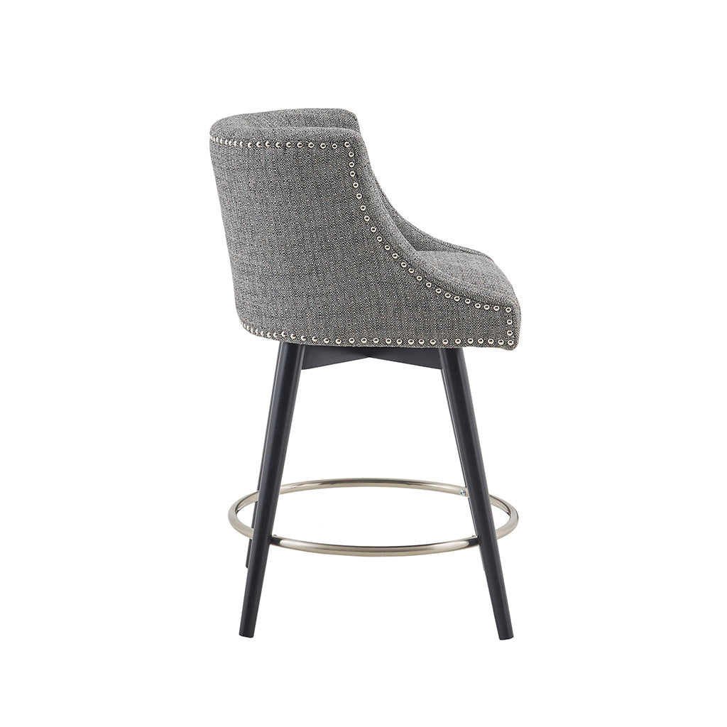 Mate o - Set of 2 - 24"Grey Upholstered Swivel Counter Stools with Nailhead Trim and Solid Wood Legs