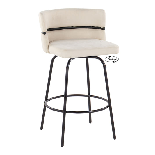 Chic - Set of 2 - 26" Cream Fabric Fixed-Height Swivel Counter Stools with Black Metal Frame