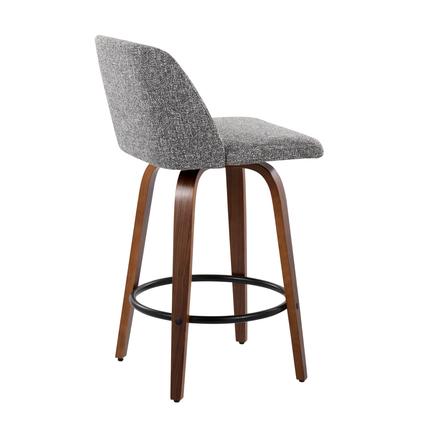 Telrinas - Set of 2 - 20" Mid-Century Modern Fixed-Height Counter Stools with Walnut Wood Frame, Grey Fabric, and Round Black Footrest