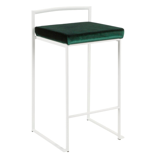 Liora - Set of 2 - 26" Stackable Counter Stools with White Frame & Green Velvet Cushions, High-Back Contemporary Design