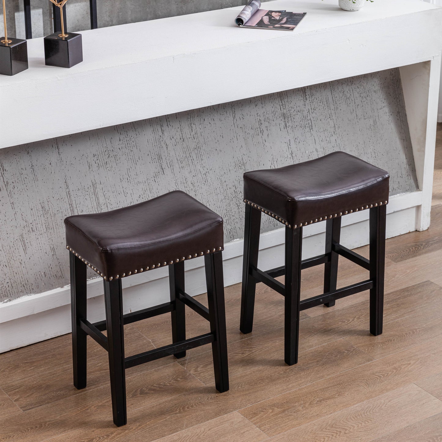 Hamiltonian - Set of 2 - 26" Counter Height Bar Stools - Backless Brown Faux Leather Farmhouse Kitchen Island Chairs