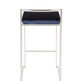 Lemox - Set of 3 - 26" Contemporary Stackable Counter Stools in Stainless Steel with Blue Velvet Cushion - 16" L x 17.5" W x 31" H