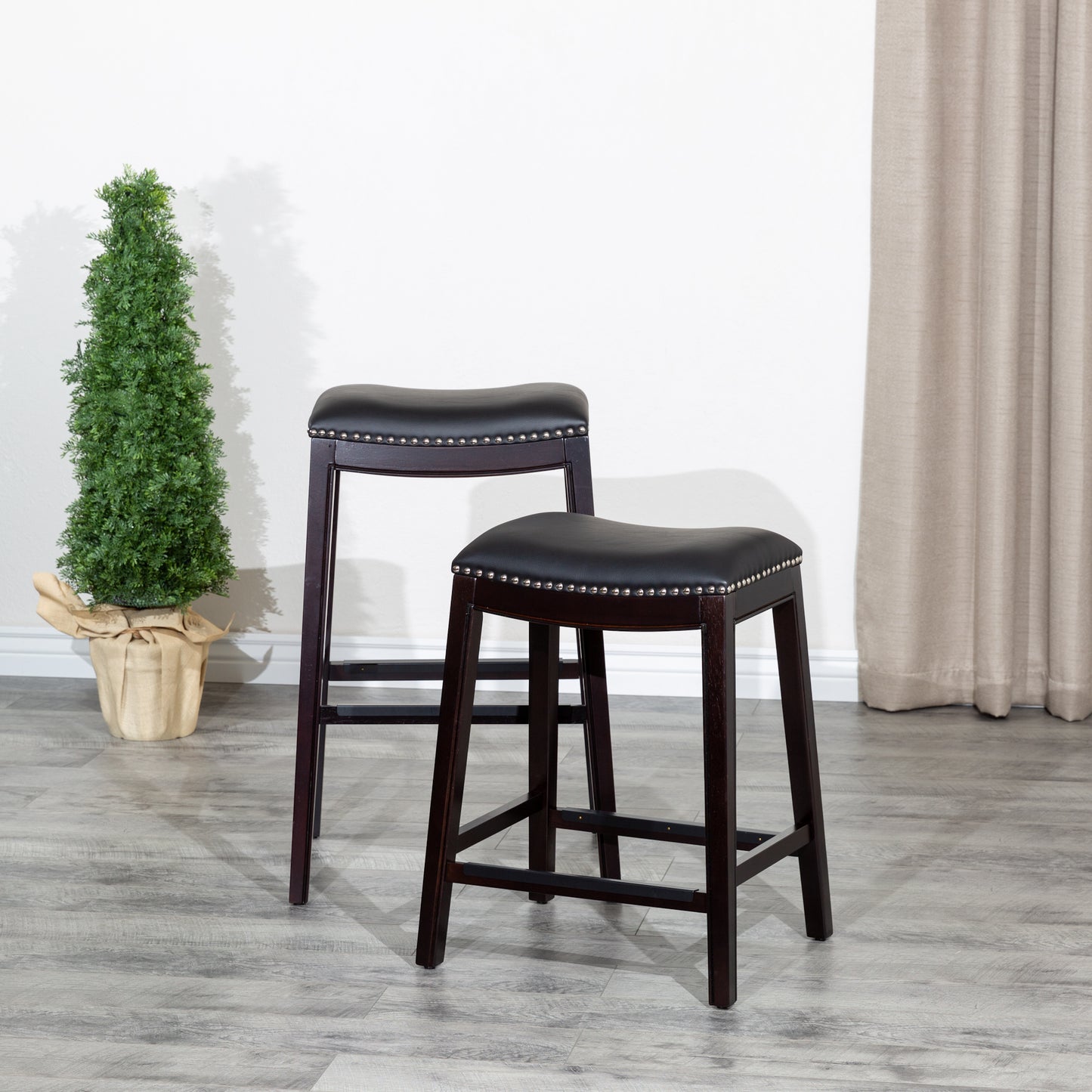 Holly - Set of 2 - 24" Espresso Counter Stools with Black Leather Seat & High Back