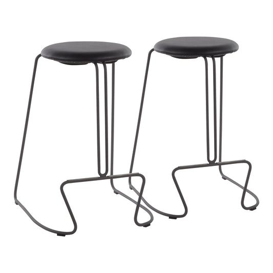 Bramley - Set of 2 - 26" Grey Steel & Black Faux Leather Contemporary Counter Stools with Stylish Metal Base, Fixed Height for Kitchen & Bar Use