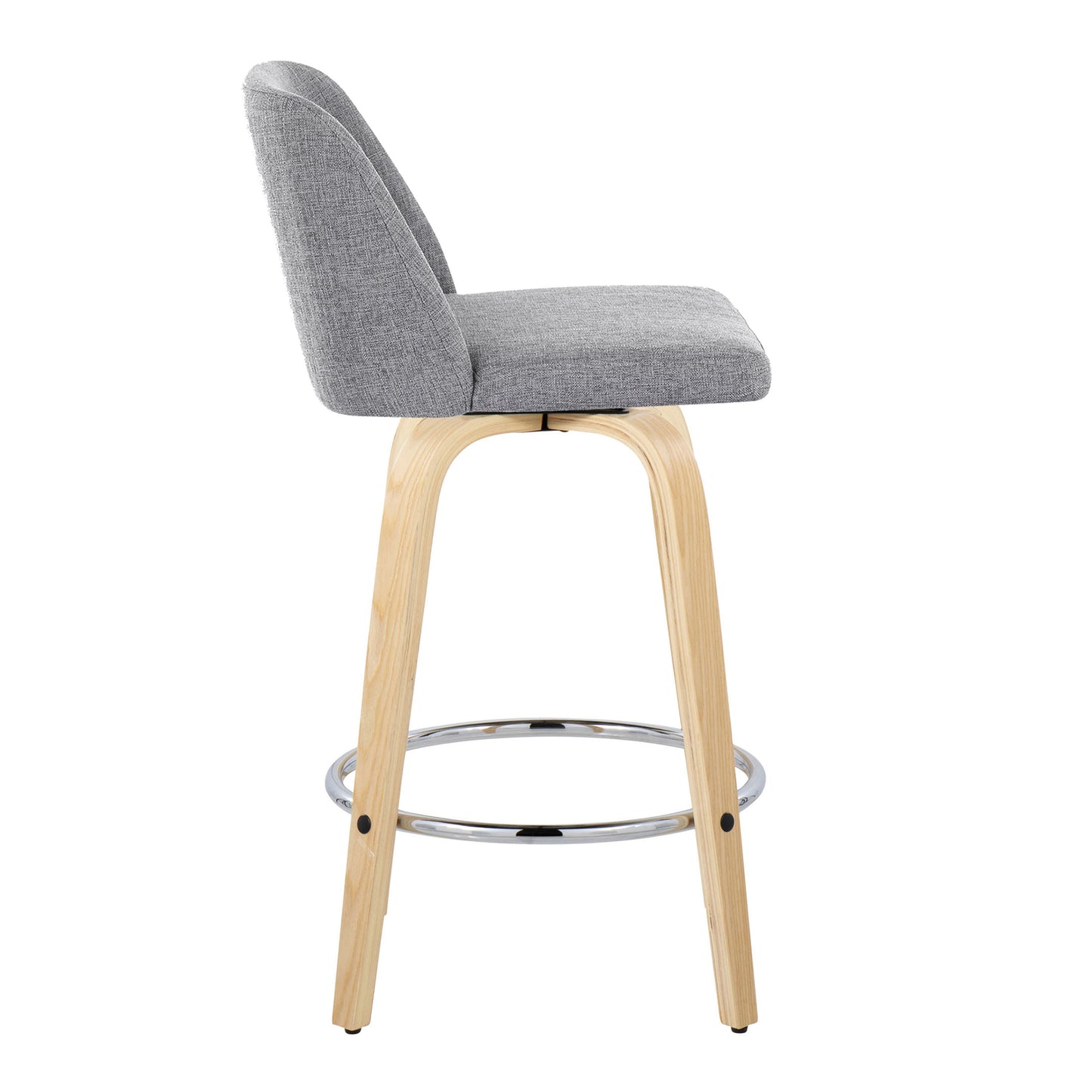 Tivon - Set of 2 - 26" Fixed-Height Counter Stools – Grey Fabric with Swivel and Natural Wood Legs