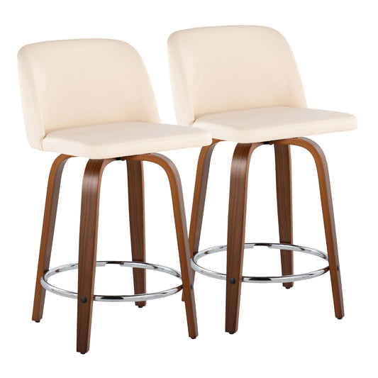 Talitha - Set of 2 - 24" Mid-Century Modern Swivel Counter Stools in Walnut Wood and Cream Faux Leather with Chrome Footrest by LumiSource