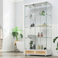 Glass Display Cabinet With LED Lights, Tempered Glass Doors, Large Drawers, 2 Door Storage Case With 4 Shelves - Natural / White