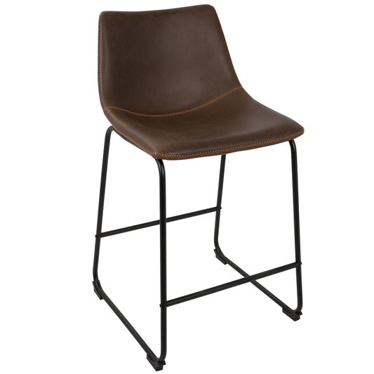 AuraCraft - Set of 2 - 26" Industrial Counter Stools in Espresso Faux Leather with Orange Stitching and Black Metal Frame