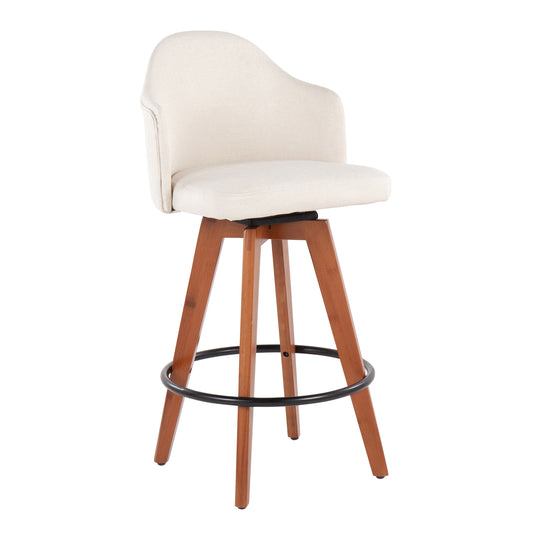 Talia - Set of 2 - 26" Cream Fabric Counter Stools with 360° Swivel, Walnut Bamboo Legs, and Round Black Metal Footrest