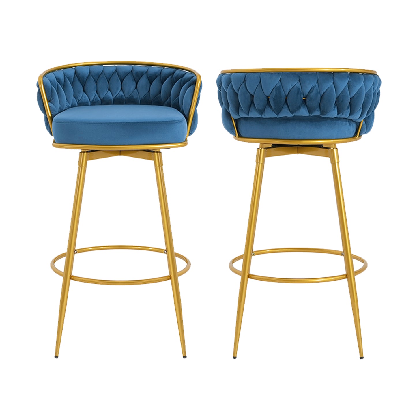 Lyma - Set of 2 - 30" Swivel Counter Height Bar Stools with Hand-Woven Backrest & Gold Metal Legs, Upholstered Velvet Kitchen Chairs in Blue