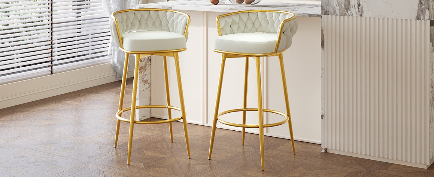 Stalbrook - Set of 2 - 31.5” Swivel Counter Height Bar Stools with Hand-Woven Backrest, Gold Metal Legs, Beige Upholstered Seats