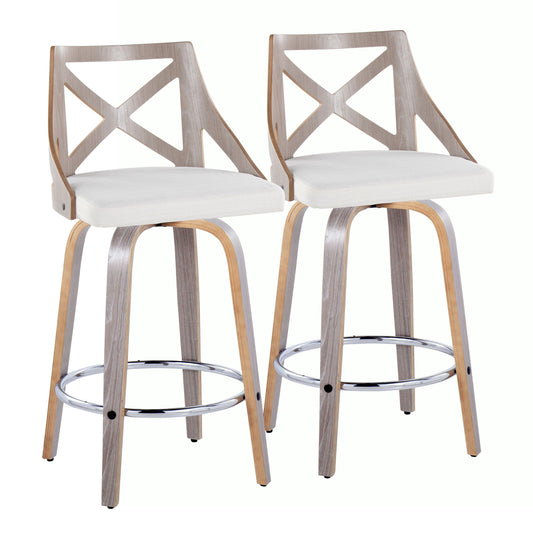 Anwen - Set of 2 - 28" Light Grey Farmhouse Counter Stools with Cream Fabric and Chrome Metal Footrest, Swivel Design