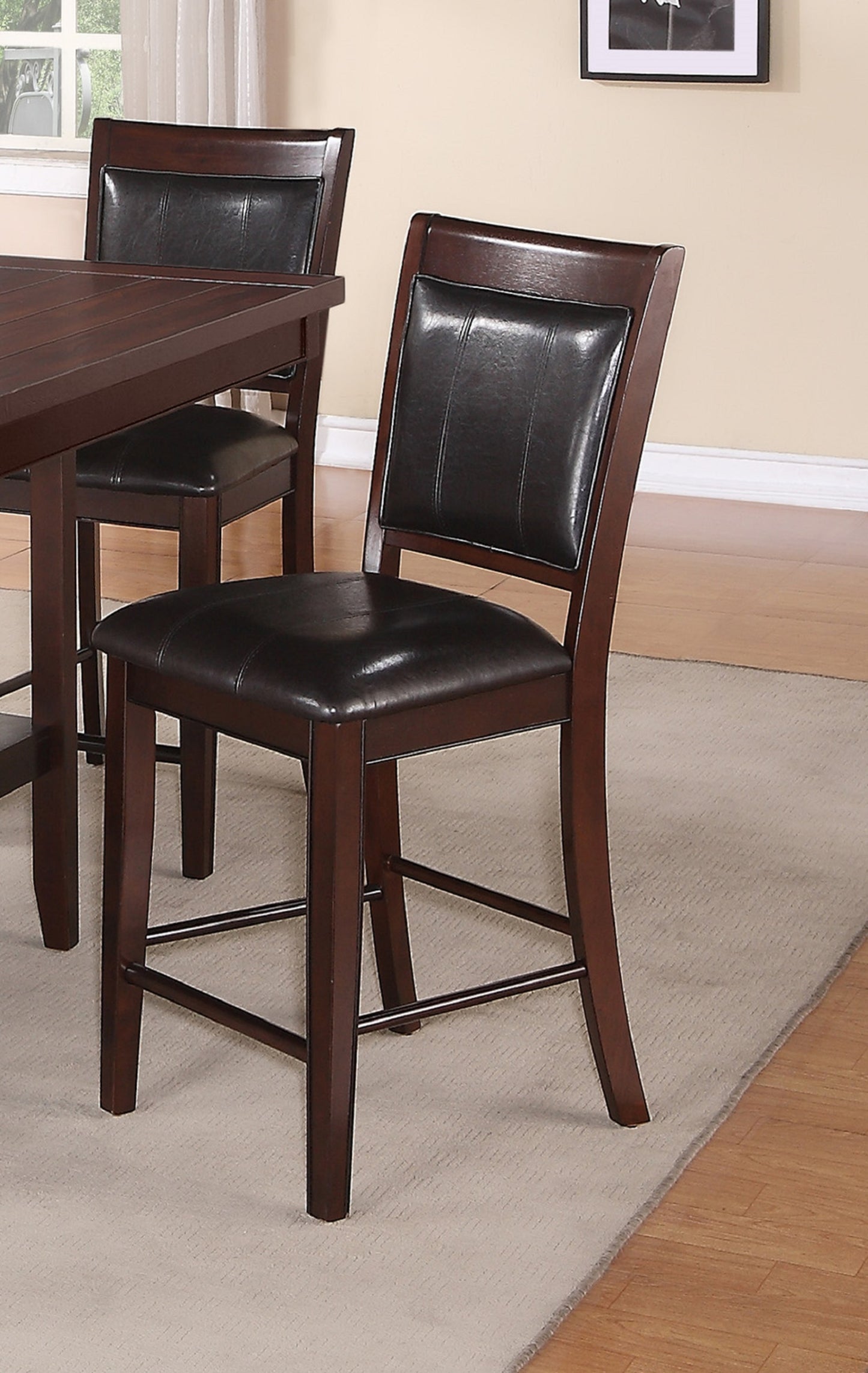 Duke - Set of 2 - 26" Seat Height, Industrial Counter Stools in Espresso Faux Leather with Orange Stitching, Black Metal Frame