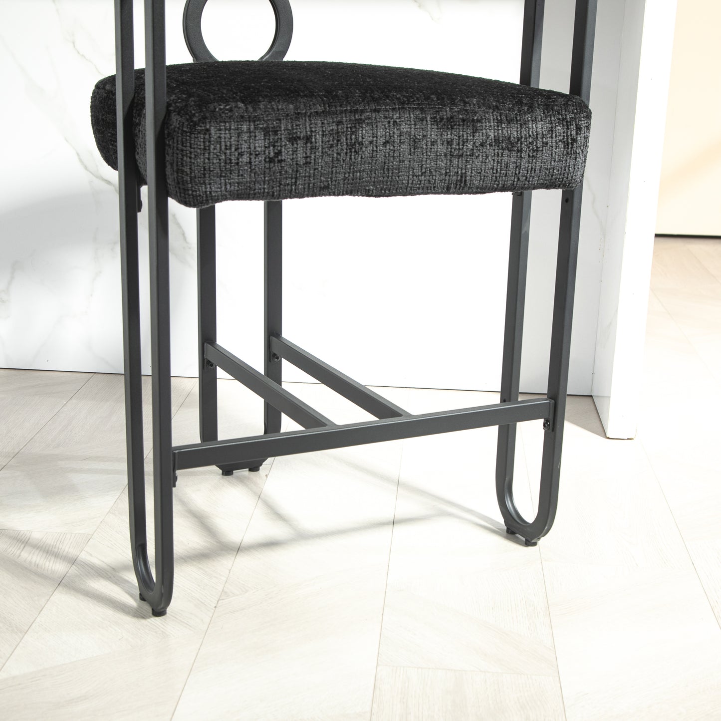 Lynsandra - Set of 2 - 24" Black Chenille Upholstered Bar Stools with Curved Backrest and Black Metal Legs