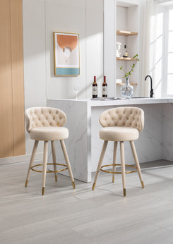 Monale - Set of 2 - 28" Counter Height Bar Stools with Beige Velvet Upholstery, 360° Swivel Seat, Backrest, Footrest, and Solid Wood Legs in Retro Style