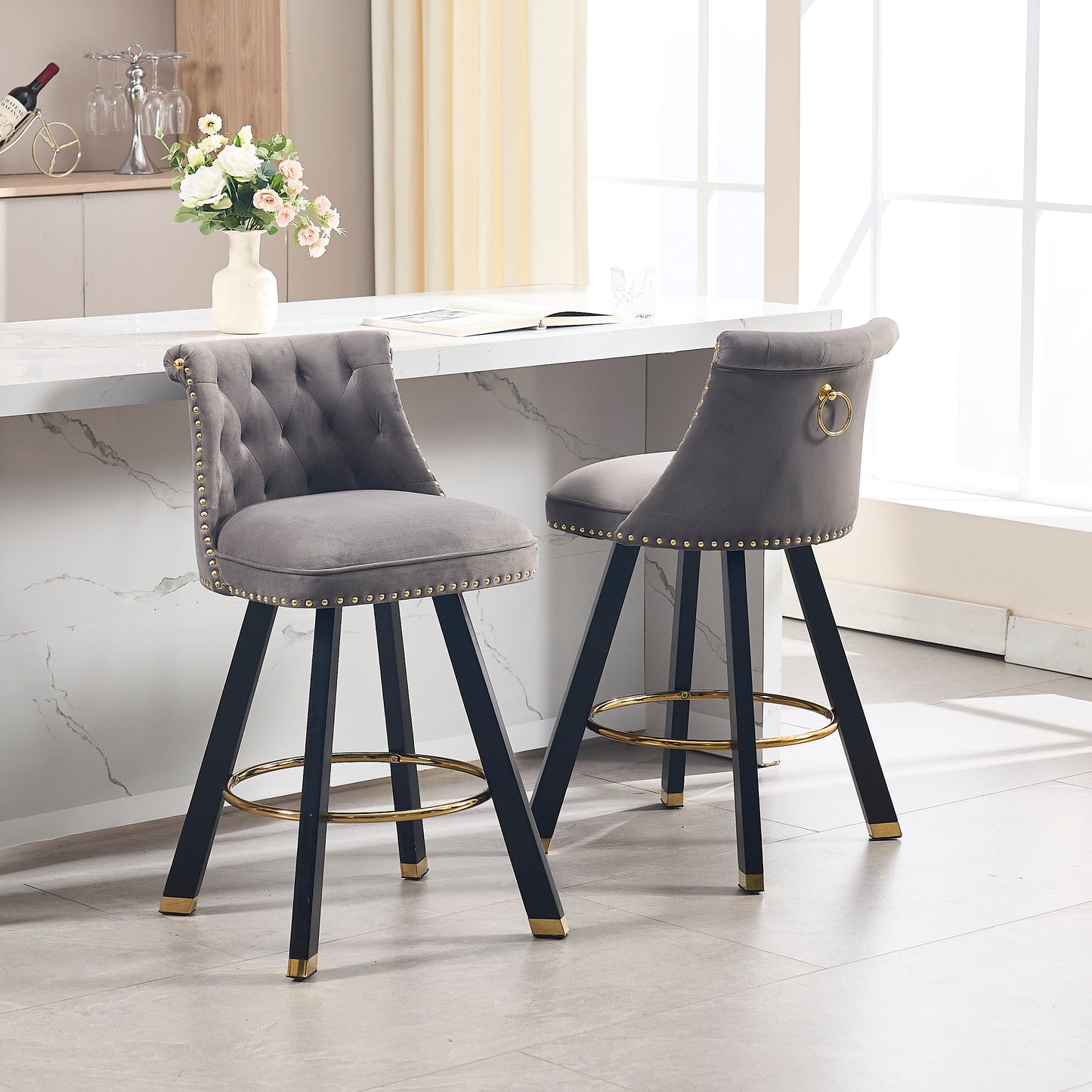 Evra - Set of 2 - Dark Gray Velvet Bar Stools with 360° Swivel, Rivet Detailing, and 26" Seat Height