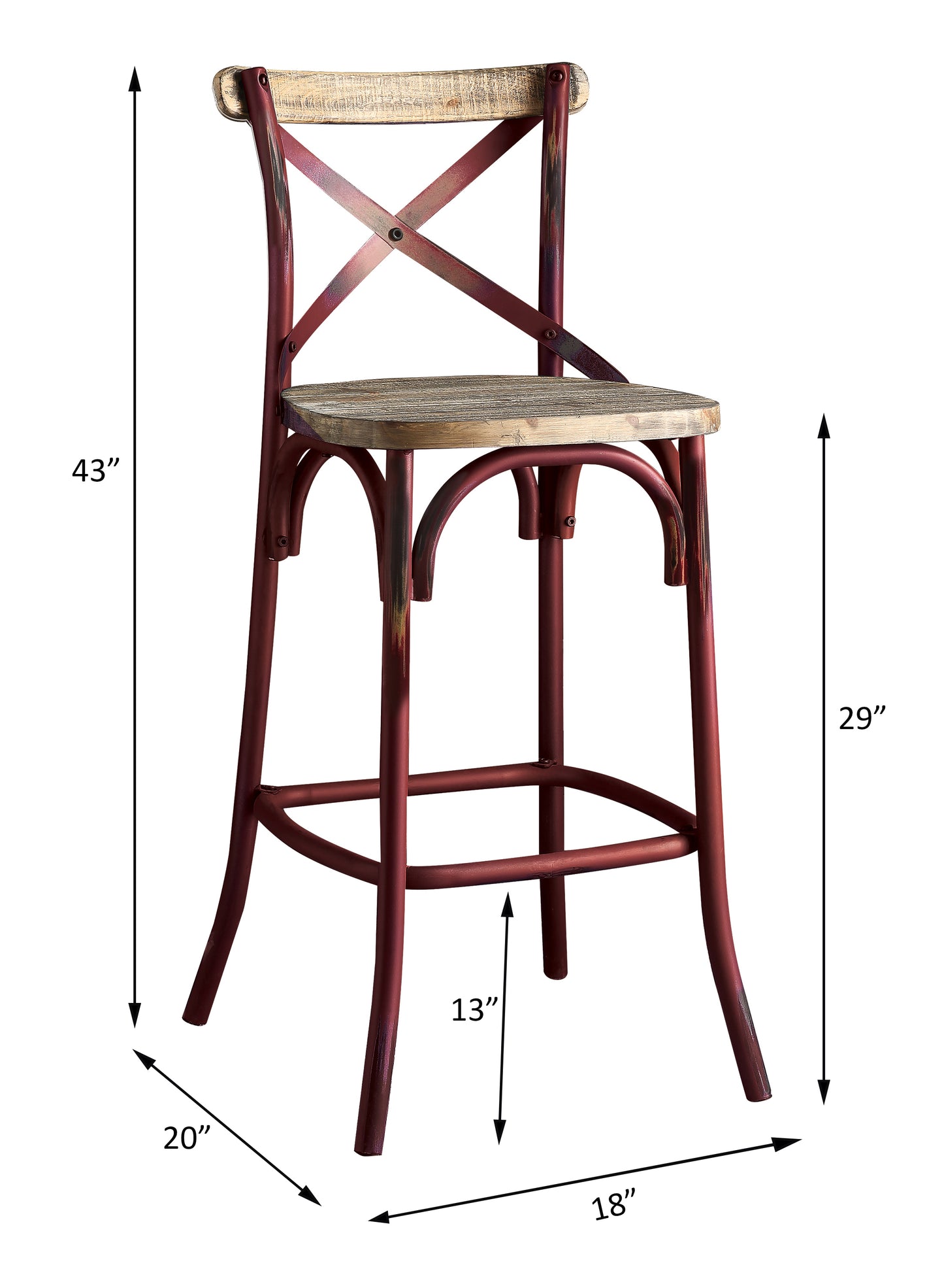 Zorina -  set of 2 -29" Seat Height Industrial High-Back Bar Chair in Antique Red and Oak, 43" Overall Height