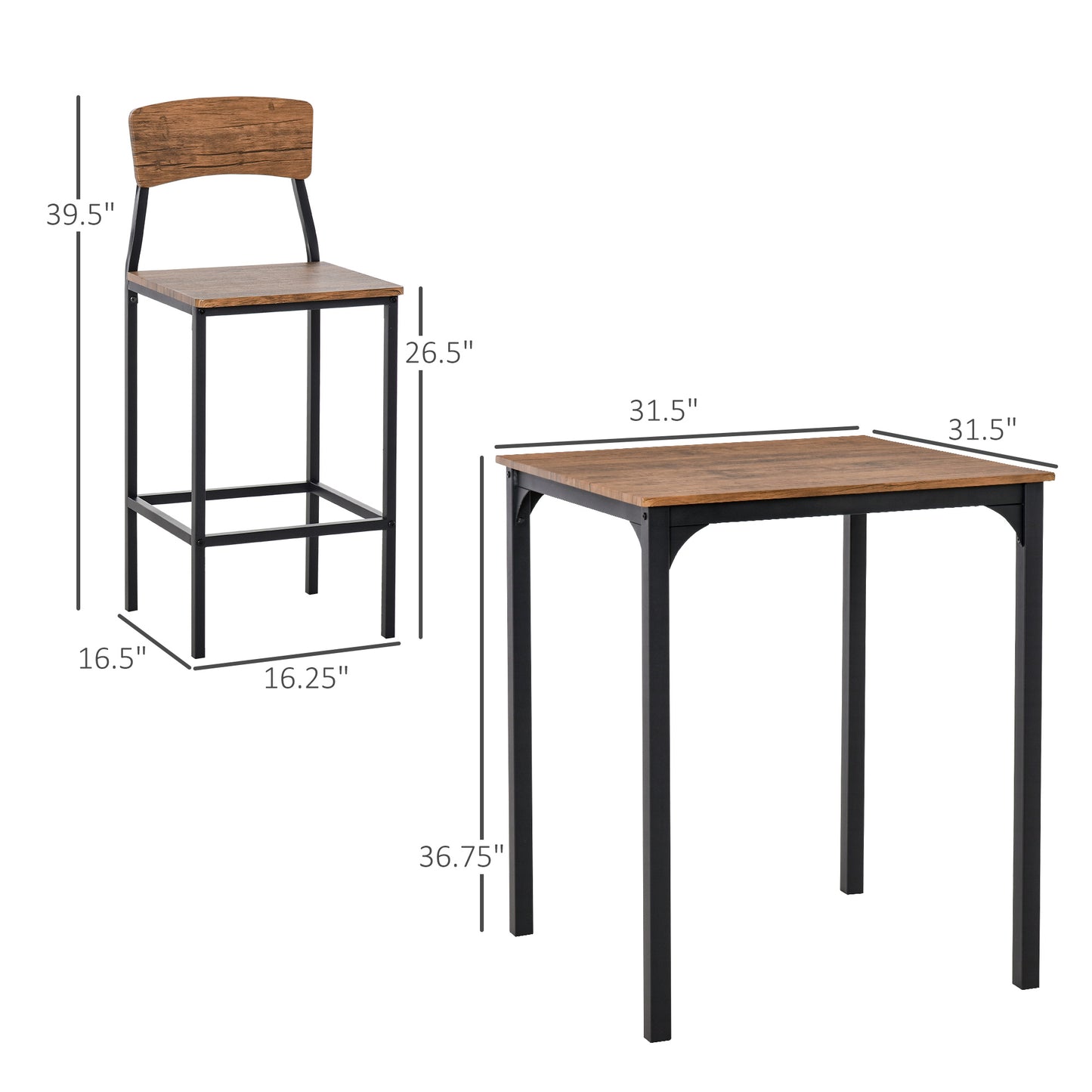 Vitalis- Set of 2 - 27" Black Swivel Wood Bar Stools with High Back - Industrial 3-Piece Bar Table Set with Steel Legs & Footrests