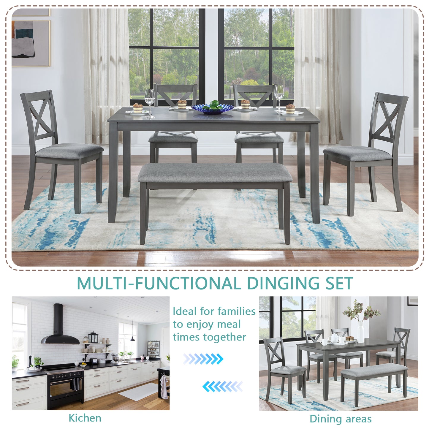 Glenn - Set of 6 - 25” Kitchen Dining Set with Rectangular Acacia Wood Table, 4 Upholstered Chairs & Bench - Seats 6