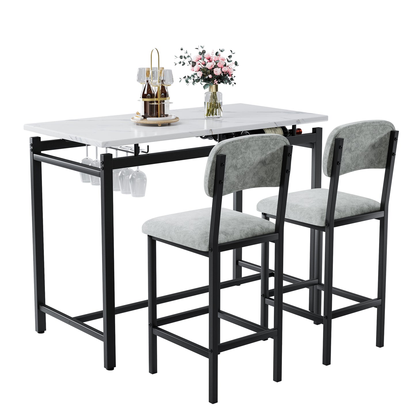 Hadria - Set of 2 - 28"  Gray Bar Table Set with 2 Upholstered Chairs, Compact Dining Table for Small Spaces, Rustic Pub and Breakfast Nook