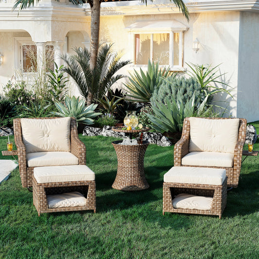 Kamla - Set of 2 - 16" Outdoor Patio Swivel Rocking Chairs with Ottomans, Rattan Wicker, Beige - Includes Pet House Cool Bar & Retractable Side Tray for Backyard, Porch, Balcony