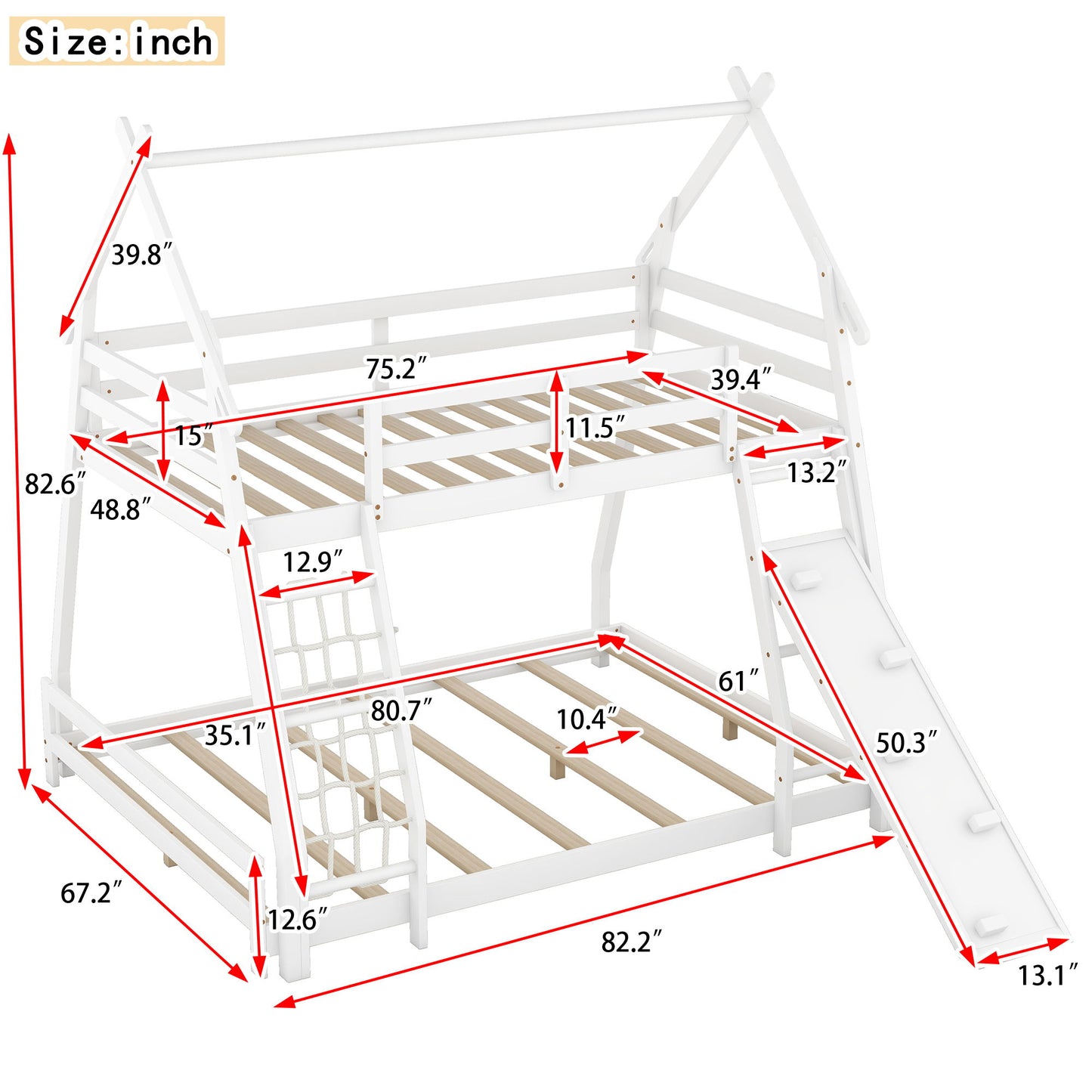 Georgiana - Twin Over Queen House Bunk Bed With Climbing Nets And Climbing Ramp