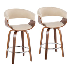 Lutheus - Set of 2 - 24" Walnut Wood Counter Stools with Cream Fabric, Chrome Footrest, 360° Swivel, Mid-Century Modern Design