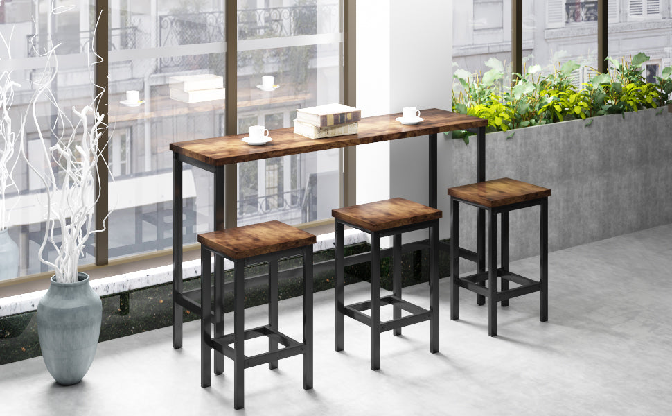 Thalor - Set of 2 - 24" Counter Height Stools with Extra Long 60.2" Brown Table and Footrest, Space-Saving Design