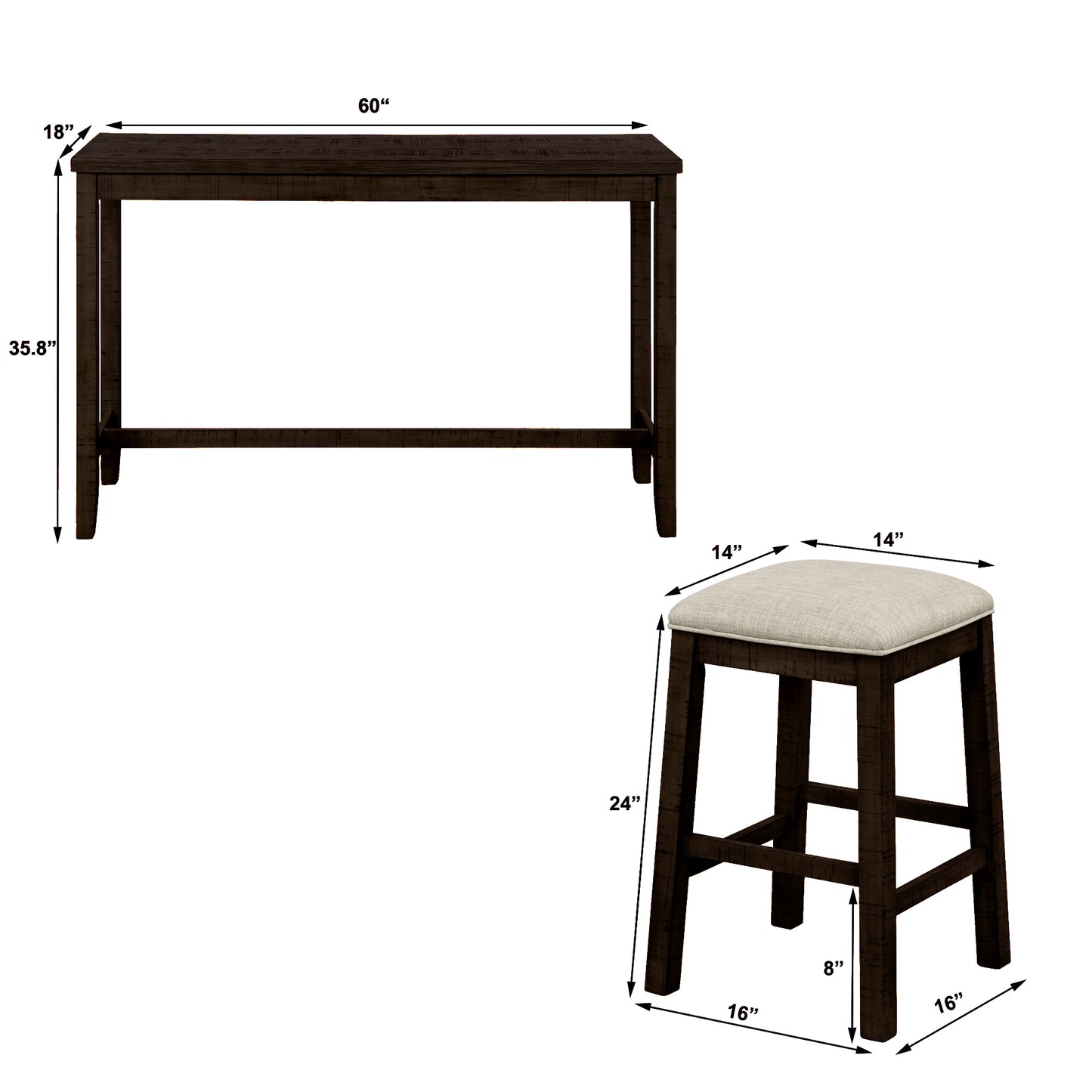 Tennyson - 4-Piece 30" Rustic Brown Counter Height Table with Fabric Padded Stools and Socket