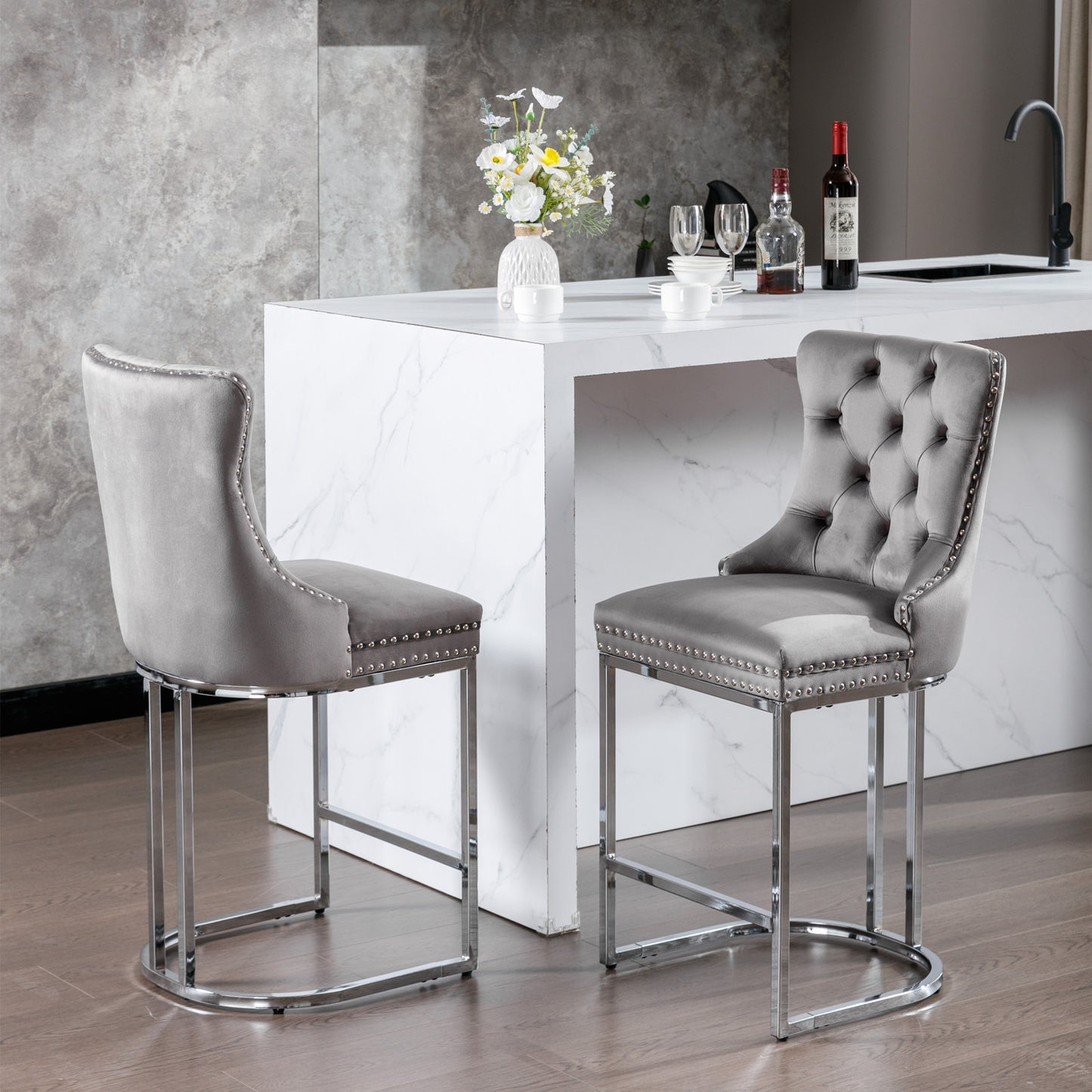 Halora - Set of 2 - 26" Gray Velvet Counter Height Bar Stools with Rivet Trim, Button Tufted Backrest, and Sturdy Chromed Metal Base