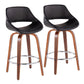 Fabrico - Set of 2 - 26" Black Faux Leather Counter Stools with Walnut Wood Swivel Legs and Chrome Footrest