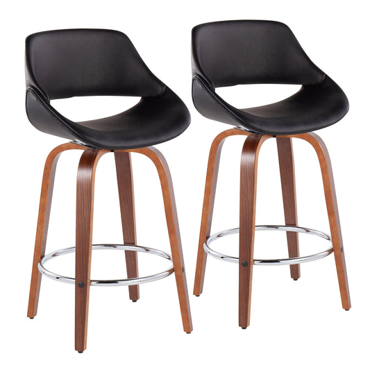 Fabrico - Set of 2 - 26" Black Faux Leather Counter Stools with Walnut Wood Swivel Legs and Chrome Footrest