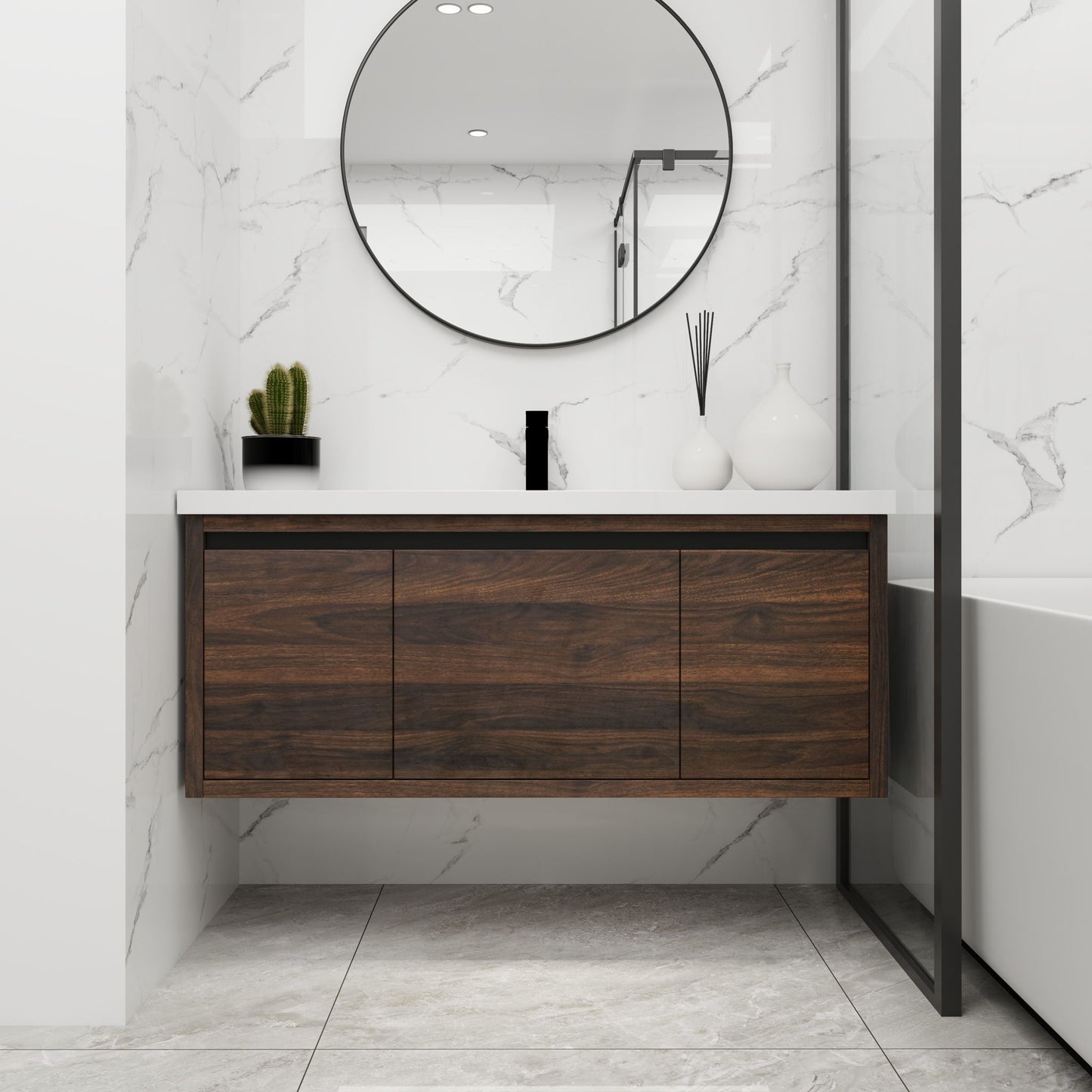 Floating 48" Bathroom Vanity With Resin Sink And Soft Close Doors California Plywood - California Walnut