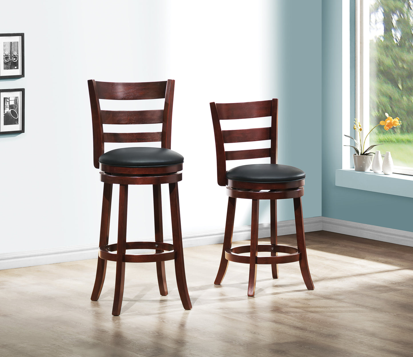 Velante – Set of 2 – 30" Swivel Bar Stools in Dark Cherry with Black Faux Leather Upholstery and Solid Wood Frame