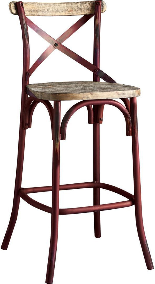 Zorina -  set of 2 -29" Seat Height Industrial High-Back Bar Chair in Antique Red and Oak, 43" Overall Height