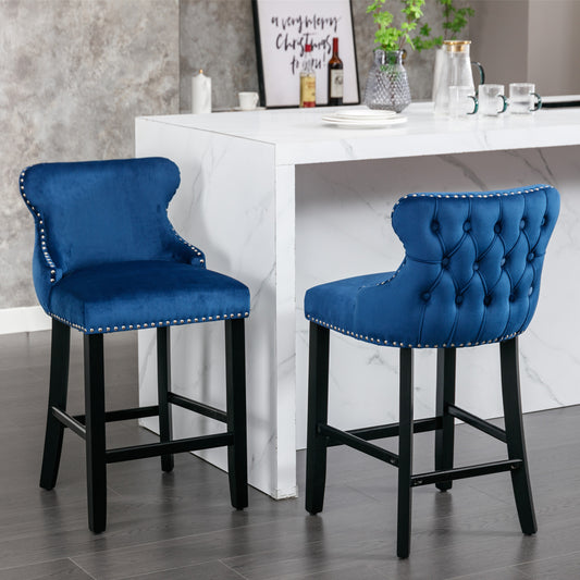 Emilia - Set of 2 - 27" Blue Velvet Upholstered Wing-Back Bar Stools with Button Tufted Decoration and Wooden Legs, Chrome Nailhead Trim