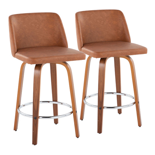 Lara Set of 2 -24" Camel Faux Leather Counter Stools Swivel Seat with Walnut Wood and Chrome Footrest