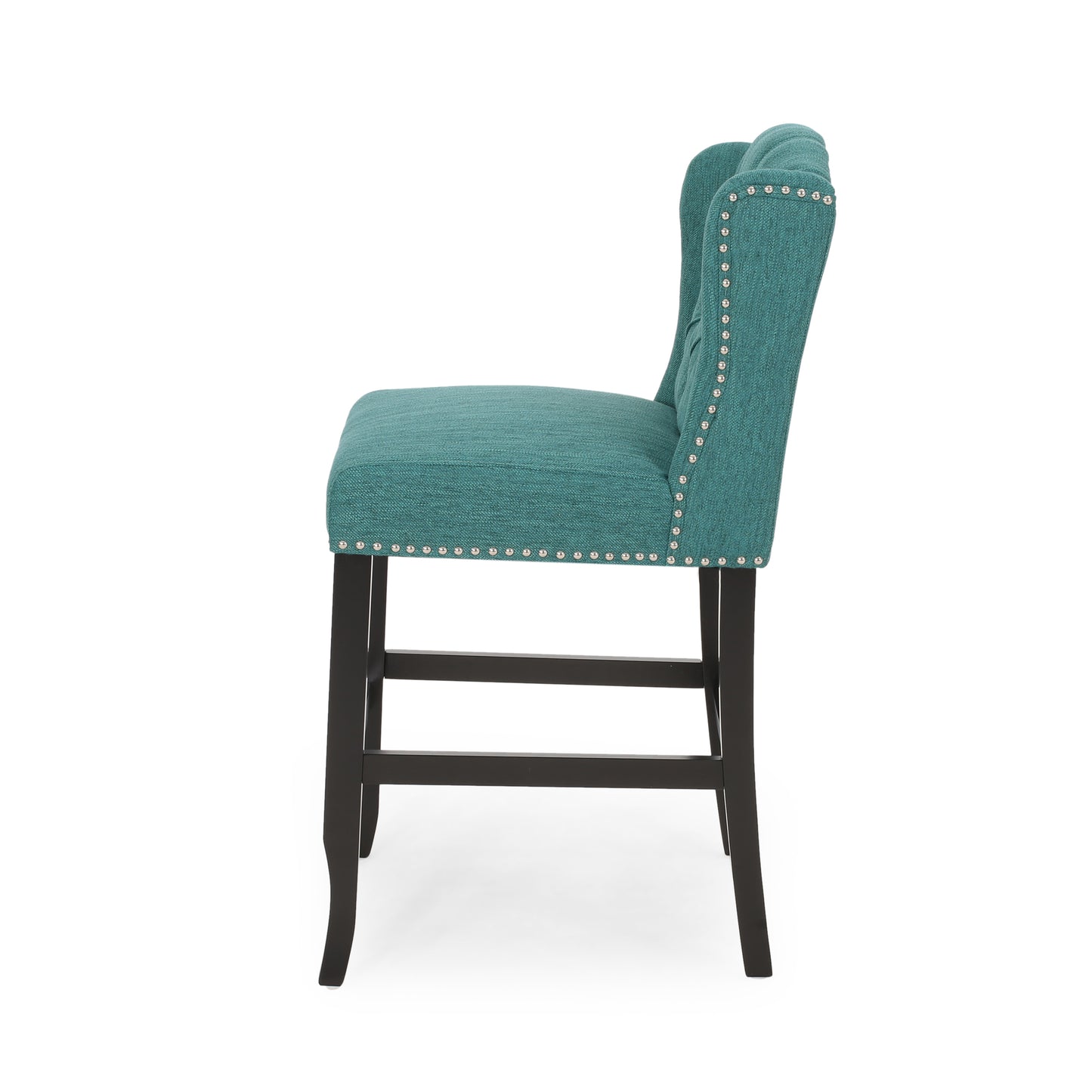 Veleta - Set of 2 - 27" Teal Tufted Wingback Counter Stools with Nailhead Trim and Dark Brown Rubberwood Legs