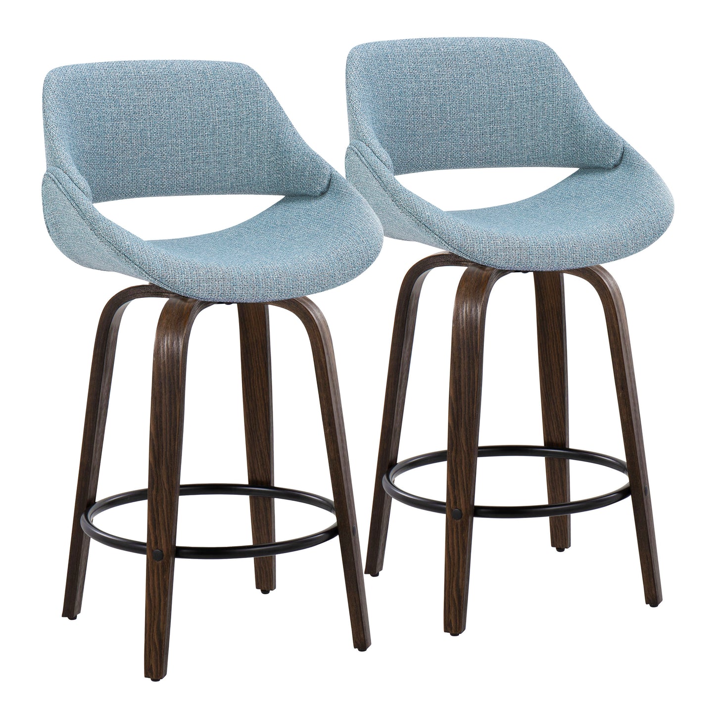 Lander - Set of 2 - 26" Mid-Century Modern Walnut Counter Stools with Blue Upholstered Fabric, Swivel Seat, Black Metal Footrest.