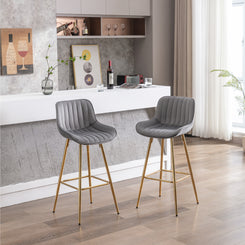 Havilah - Set of 2 - 30" Gray Velvet Fabric Bar Stools with Chrome Footrest and Golden Legs, Counter Height