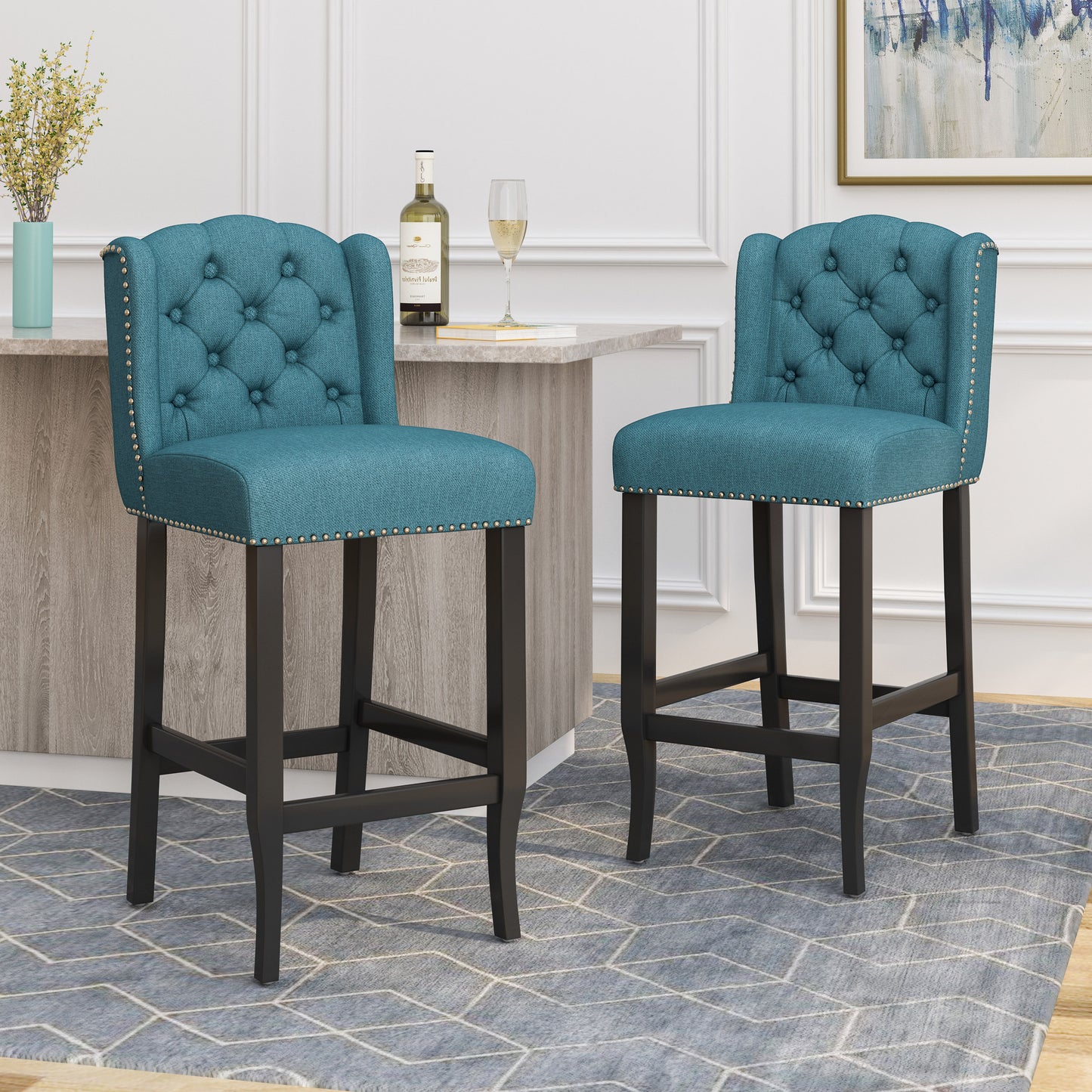 Votani - Set of 2 - 31" Teal Fabric Tufted Wingback Counter Stools with Dark Brown Legs