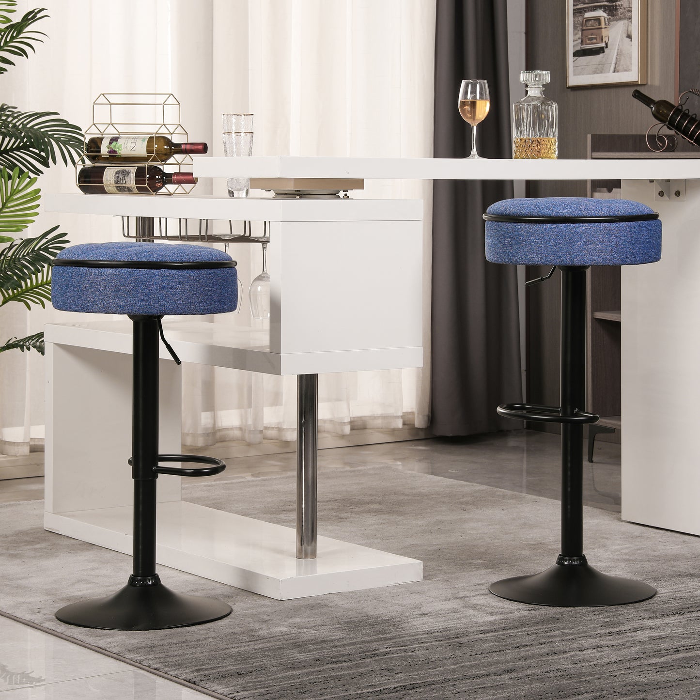 Veynard - Set of 2 - 24" Blue Linen Adjustable Bar Stools with 360° Swivel, Metal Frame for Kitchen and Dining