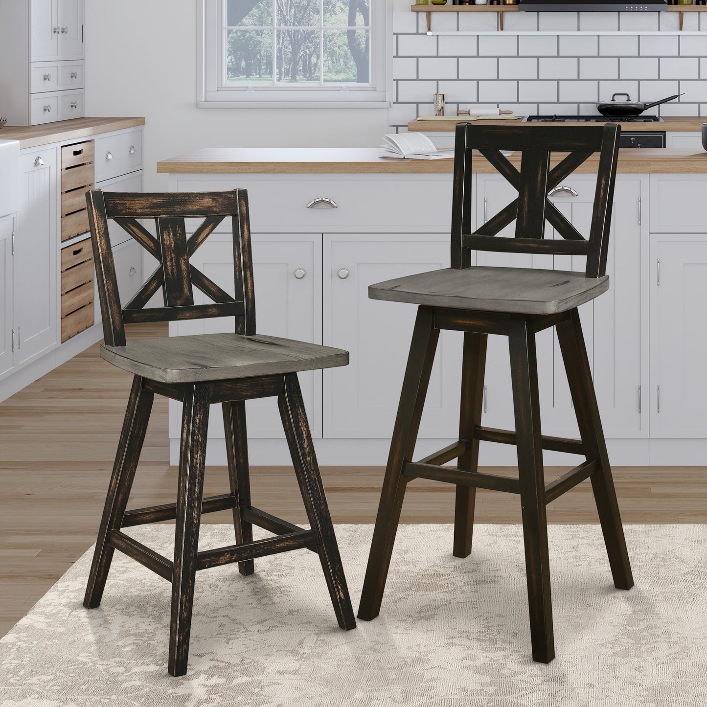 Hasting - Set of 2 - 29" Distressed Gray & Black 360° Swivel Pub Height Chairs - Solid Rubberwood X-Back Design, Bar Stool Chairs