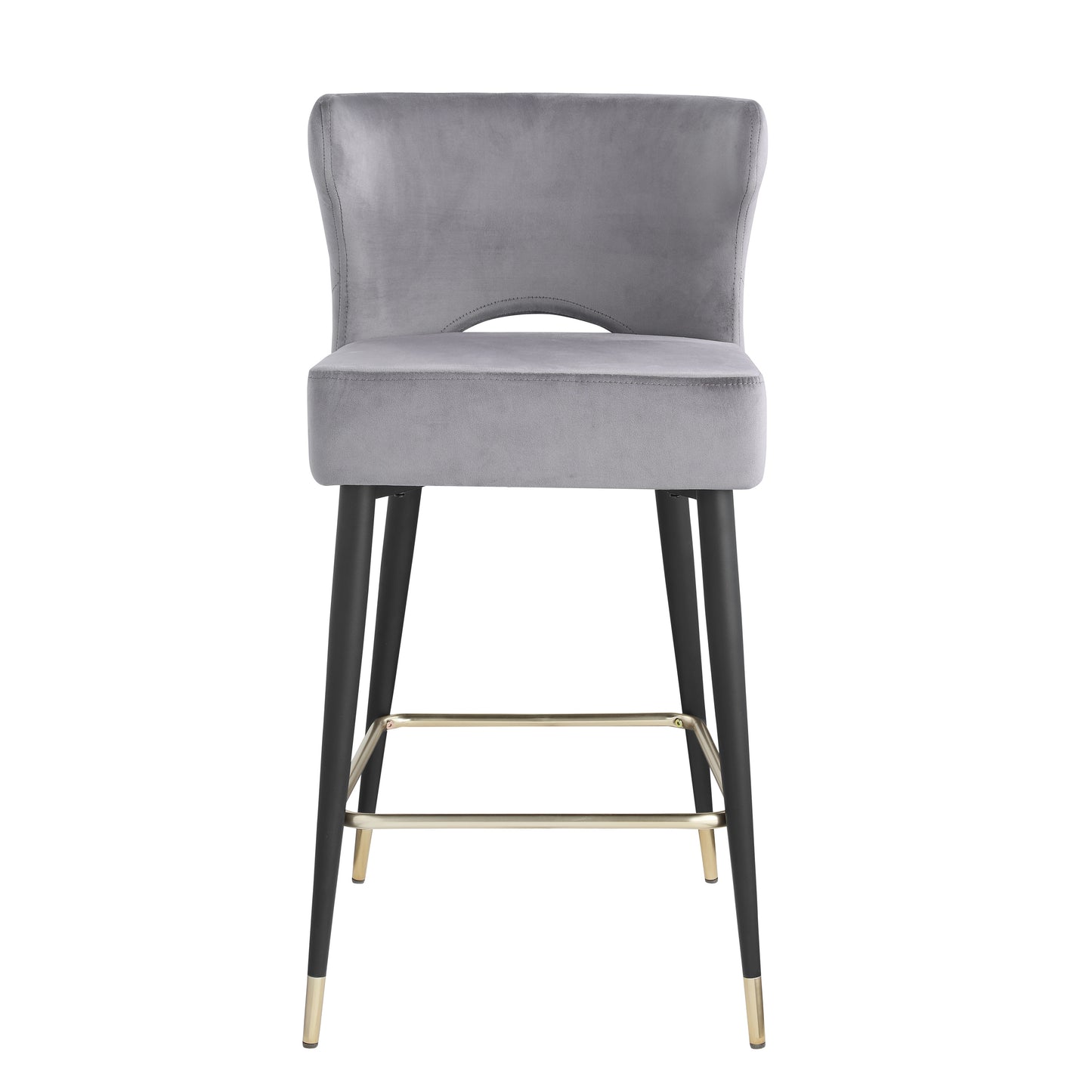 Harmith - Set of 2 - 24" Gray Velvet Counter Stools with Gold-Tipped Black Metal Legs, 19" W x 22" D