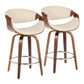 Syvanna - Set of 2 - 26" Mid-Century Modern Swivel Counter Stools with Cream Faux Leather & Walnut Wood, Chrome Footrest