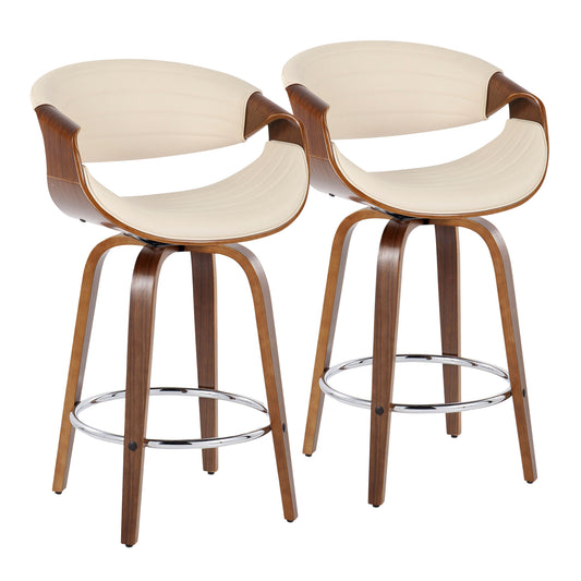 Syvanna - Set of 2 - 26" Mid-Century Modern Swivel Counter Stools with Cream Faux Leather & Walnut Wood, Chrome Footrest