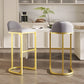 Thaddeus - Set of 2 - 30" Grey Velvet Upholstered Bar Stools with Gold Metal Frame, Padded Backrest, and Footrest