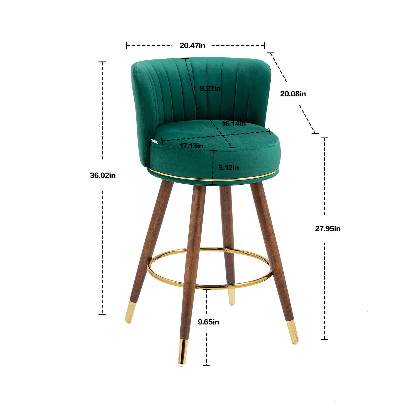 Monial - Set of 2 - 28" Emerald Swivel Bar Stools with Backrest, Footrest, and Solid Wood Legs