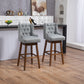 Eric - Set of 2 - 30" Gray Linen Swivel Bar Stools with Button-Tufted Backrest, Solid Wood Legs, Seat Height